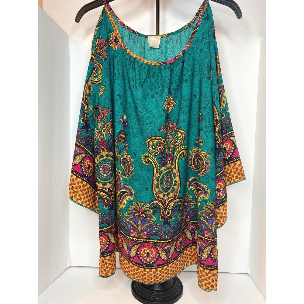 R. Rouge Geometric Paisley Cold Shoulder Boho Green Tunic Top Womens Size M